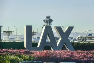 Los Angeles International Airport (LAX) terminal building and runway aerial view